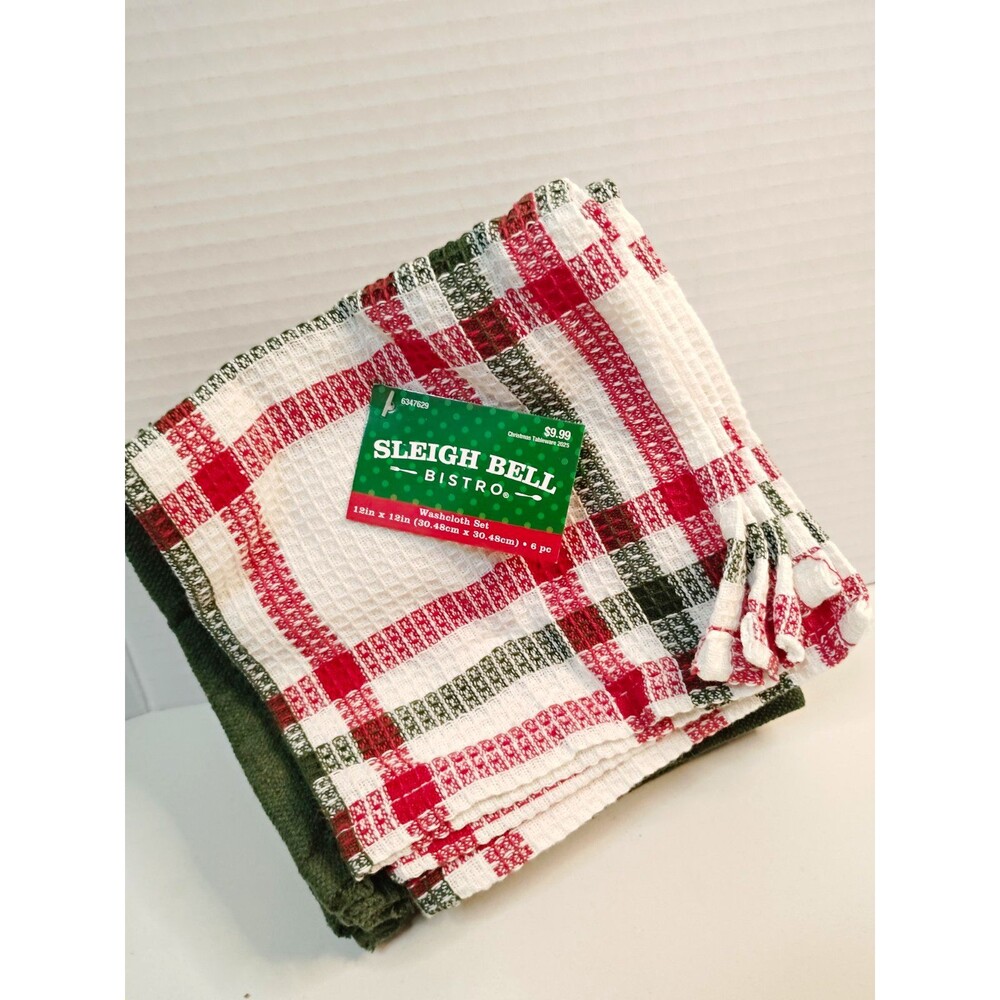 Sleigh Bell Bistro Set of 6 Cotton Plaid Christmas Dishcloths Red White Green